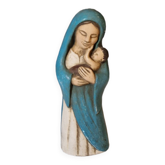 Vierge a l'enfant en gres polychrome