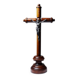 Antique wooden altar crucifix with a turned design and silver-plated Christ.