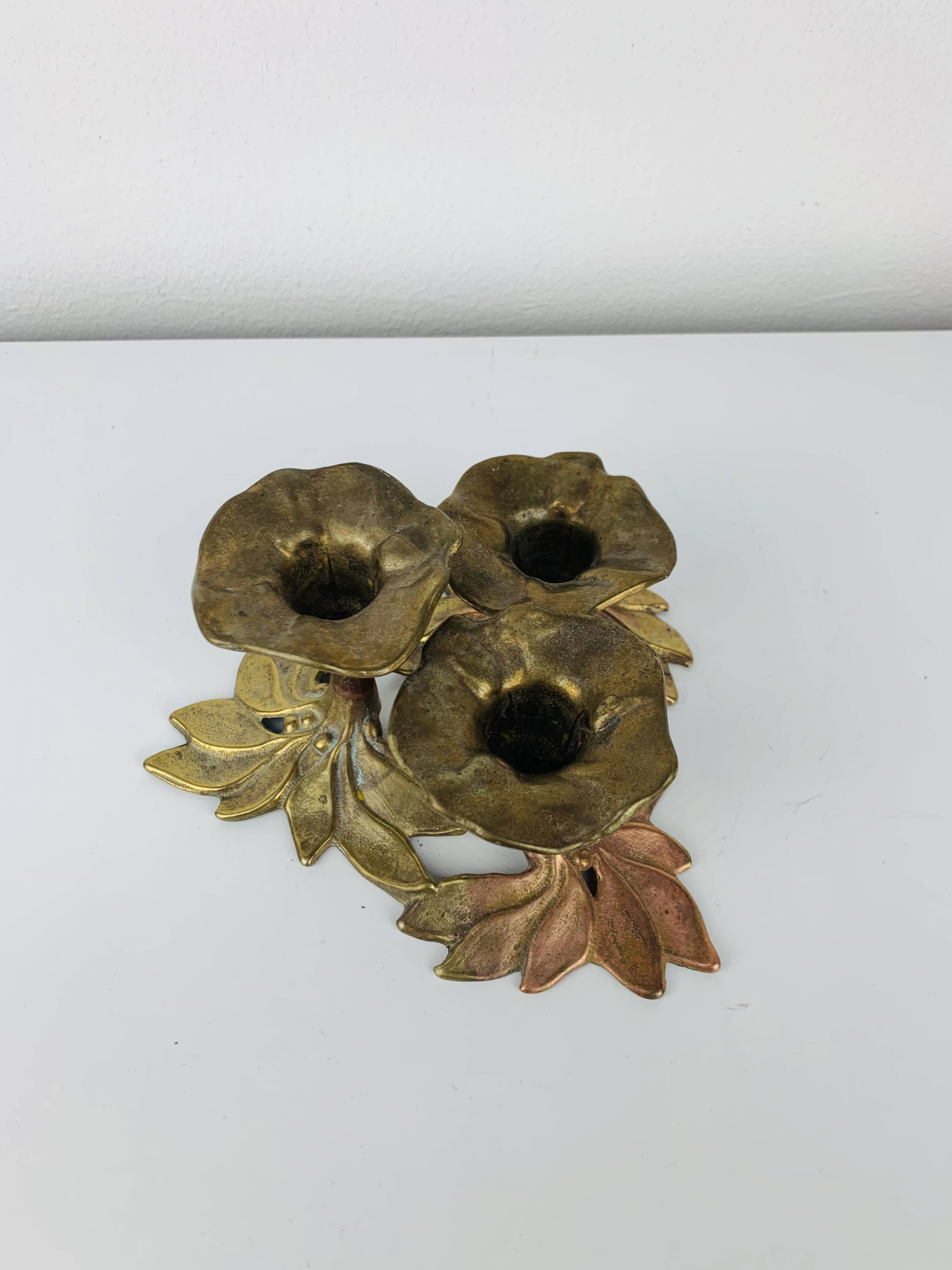 Bougeoir laiton trio de fleurs, vintage
