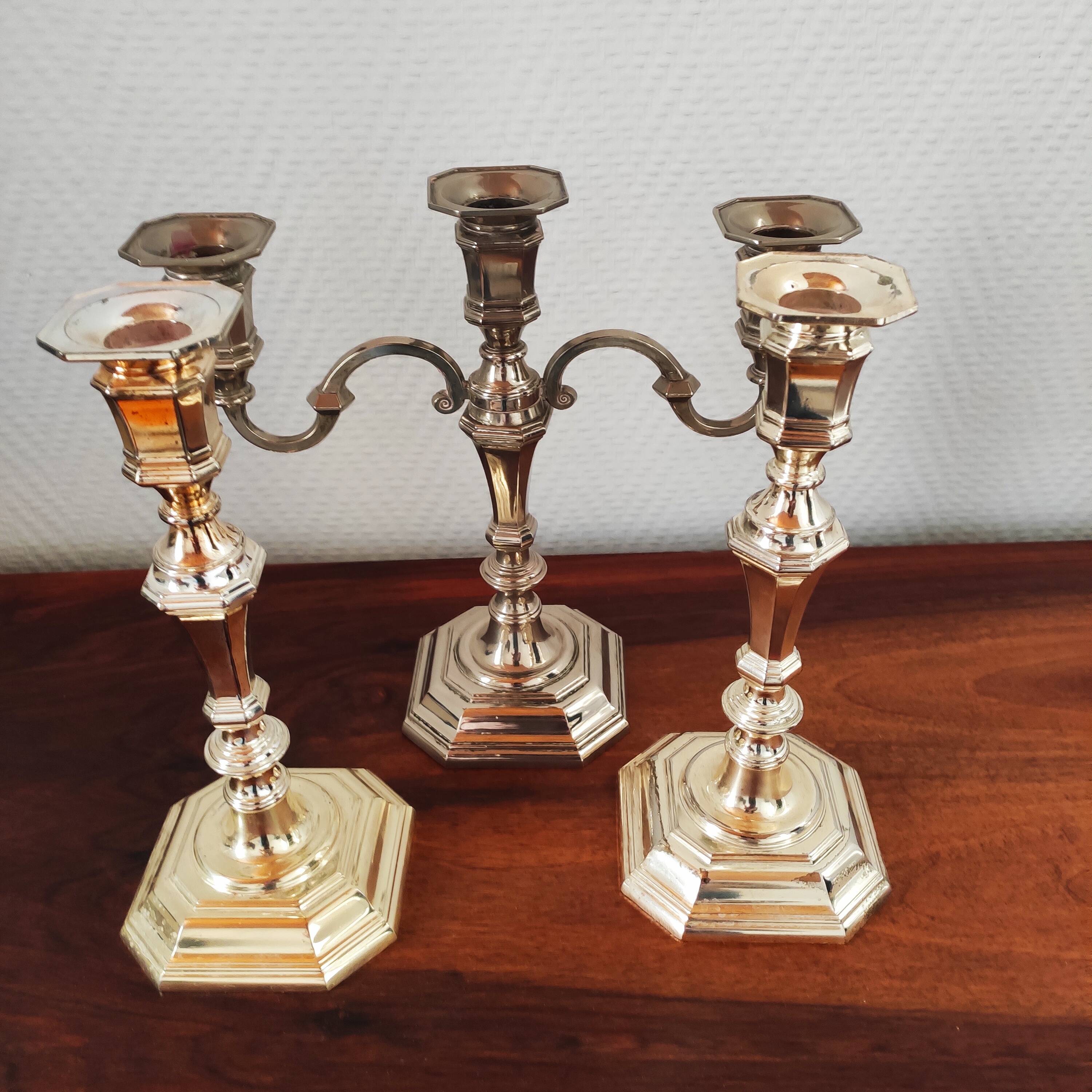Antique silver-plated metal candlestick and candle holders