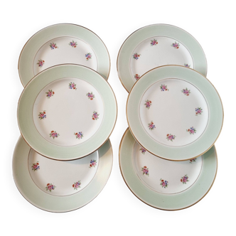 6 french porcelain dinner plates l amandinoise light green gold contour and small flowers
