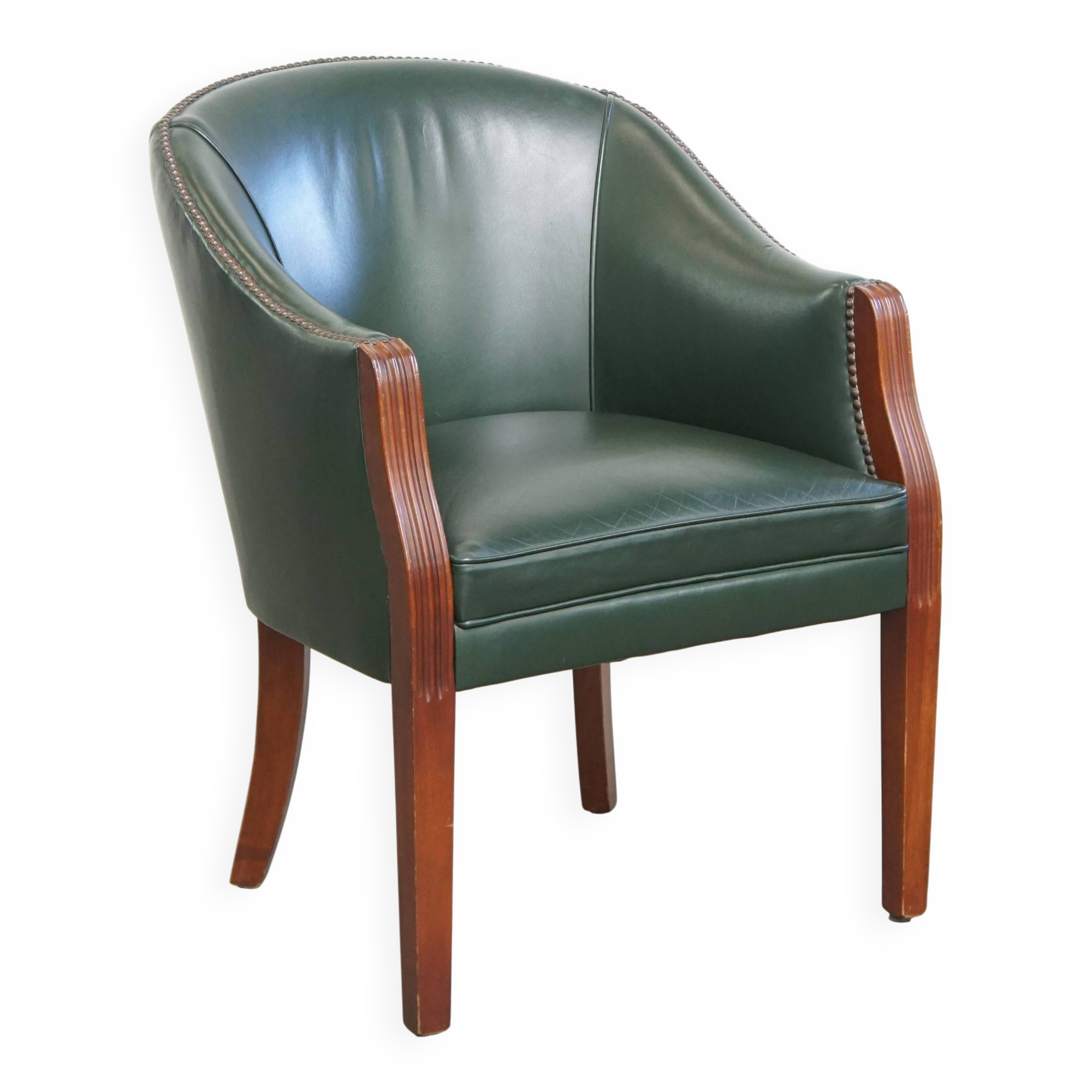 Green Cowhide Leather and Wooden Side / Dining / Desk Chair