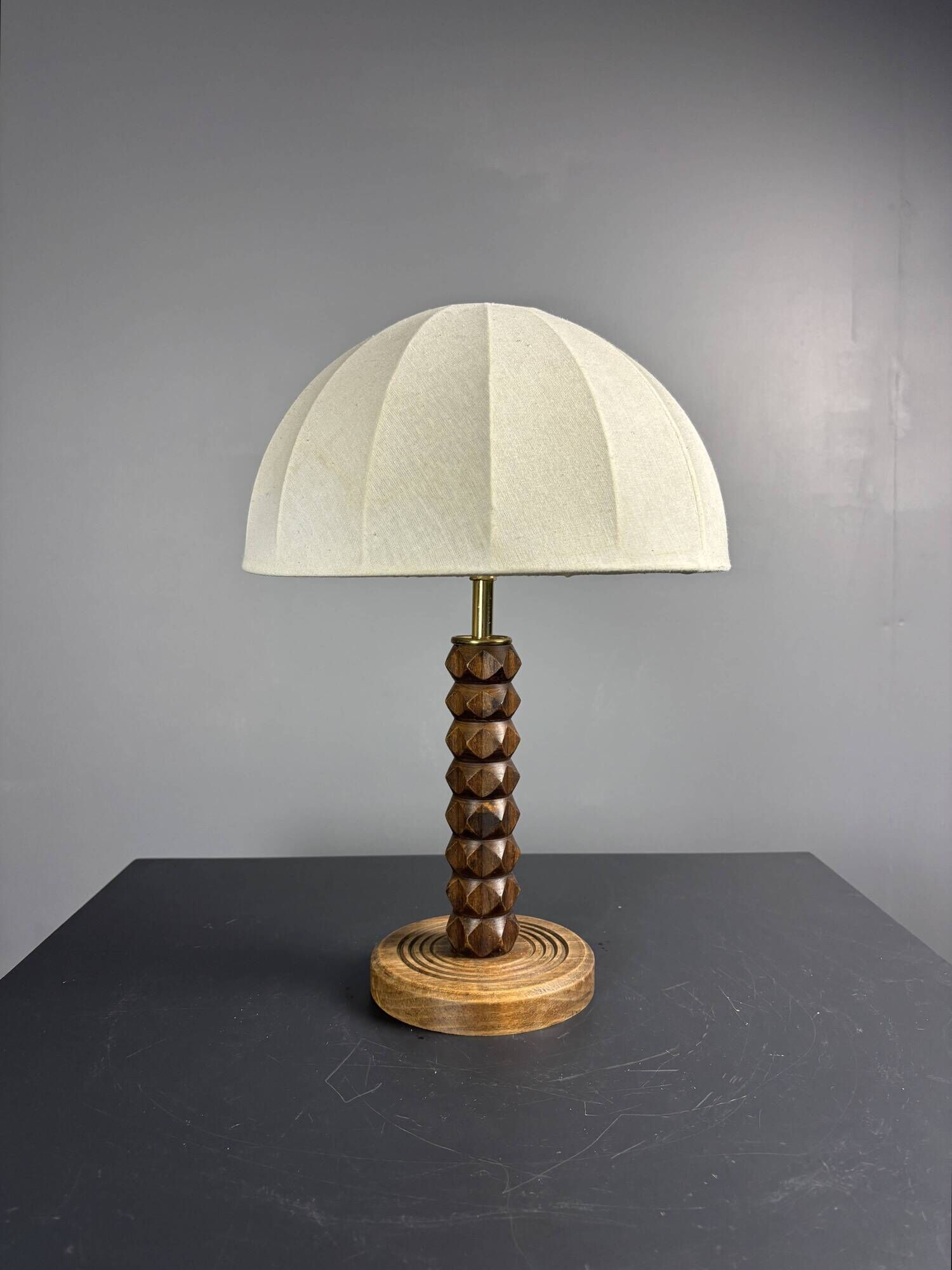 Midcentury brutalist wood turned mushroom table lamp, Charles Dudouyt style