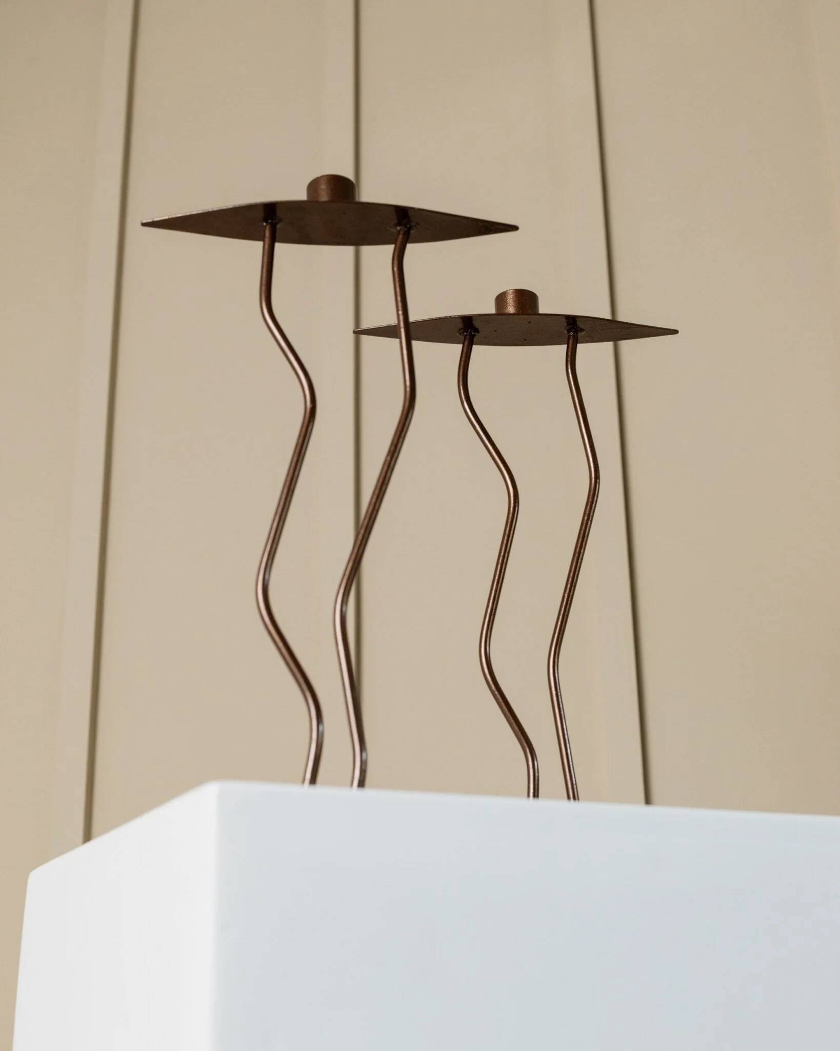 Dark Bronze Metal Candlesticks, Zigzag Postmodern Memphis Style, 2-Piece Set, Italy 1990s