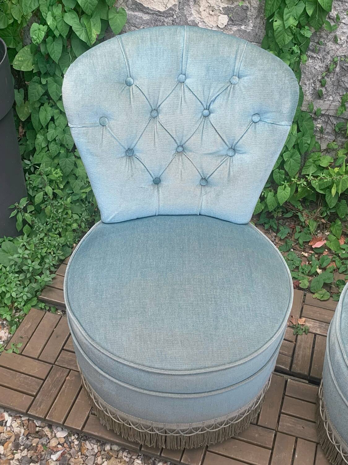 Pair of vintage blue velvet upholstered toad armchairs from the 1970s