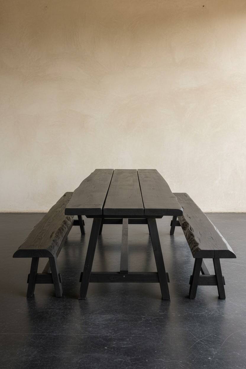 Table et bancs en bois brutalistes