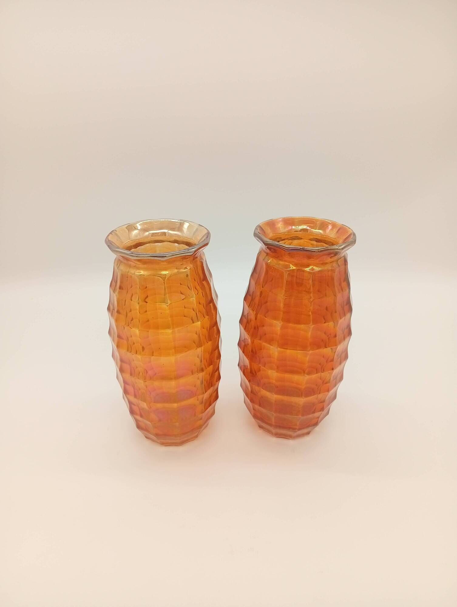 Paire Vases Art Déco Josef Invald Carnival Marigold Orange Irisé Jacobean