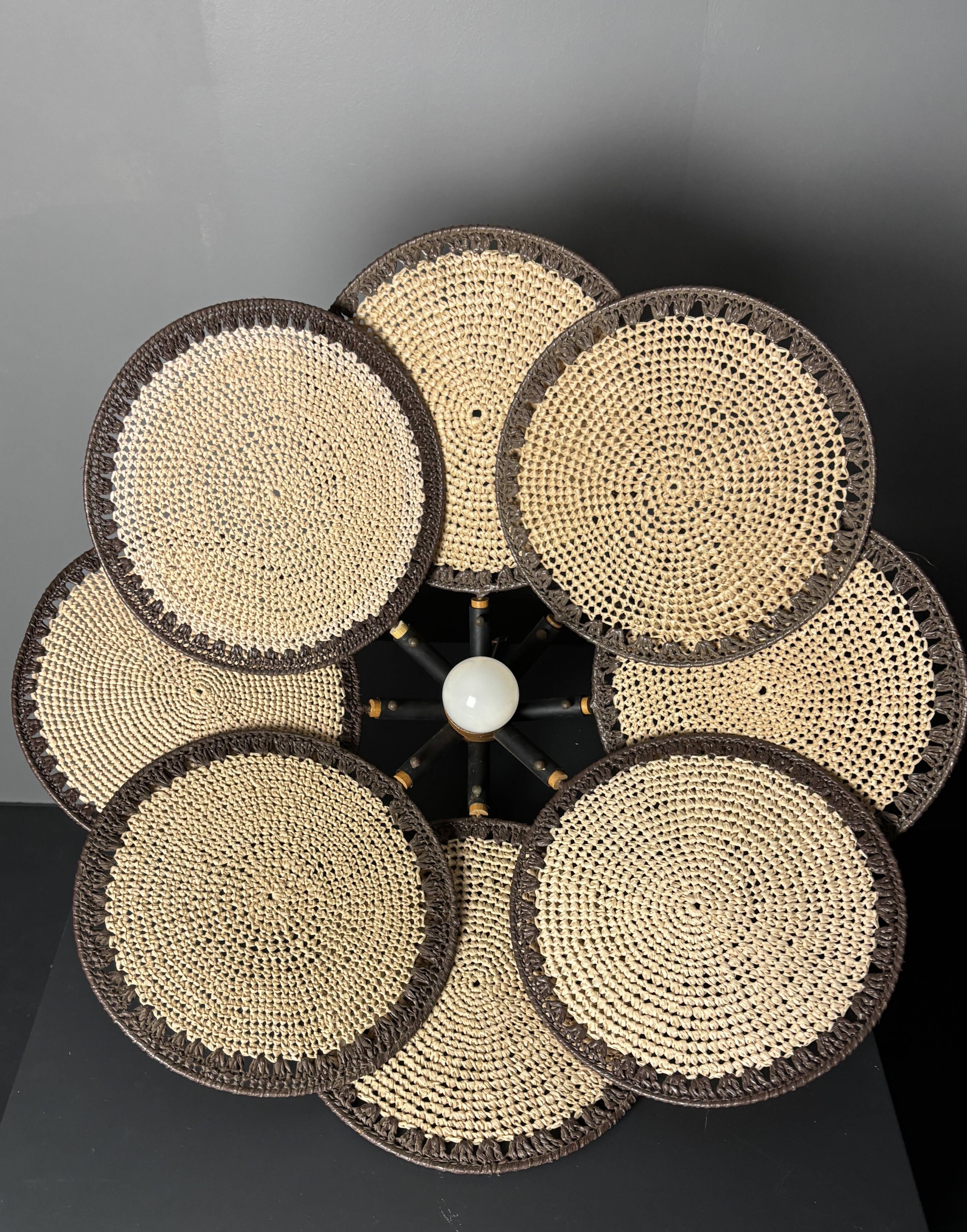 Midcentury uchiwa fan macrame fiber rattan hanging pendant lamp, 1970s