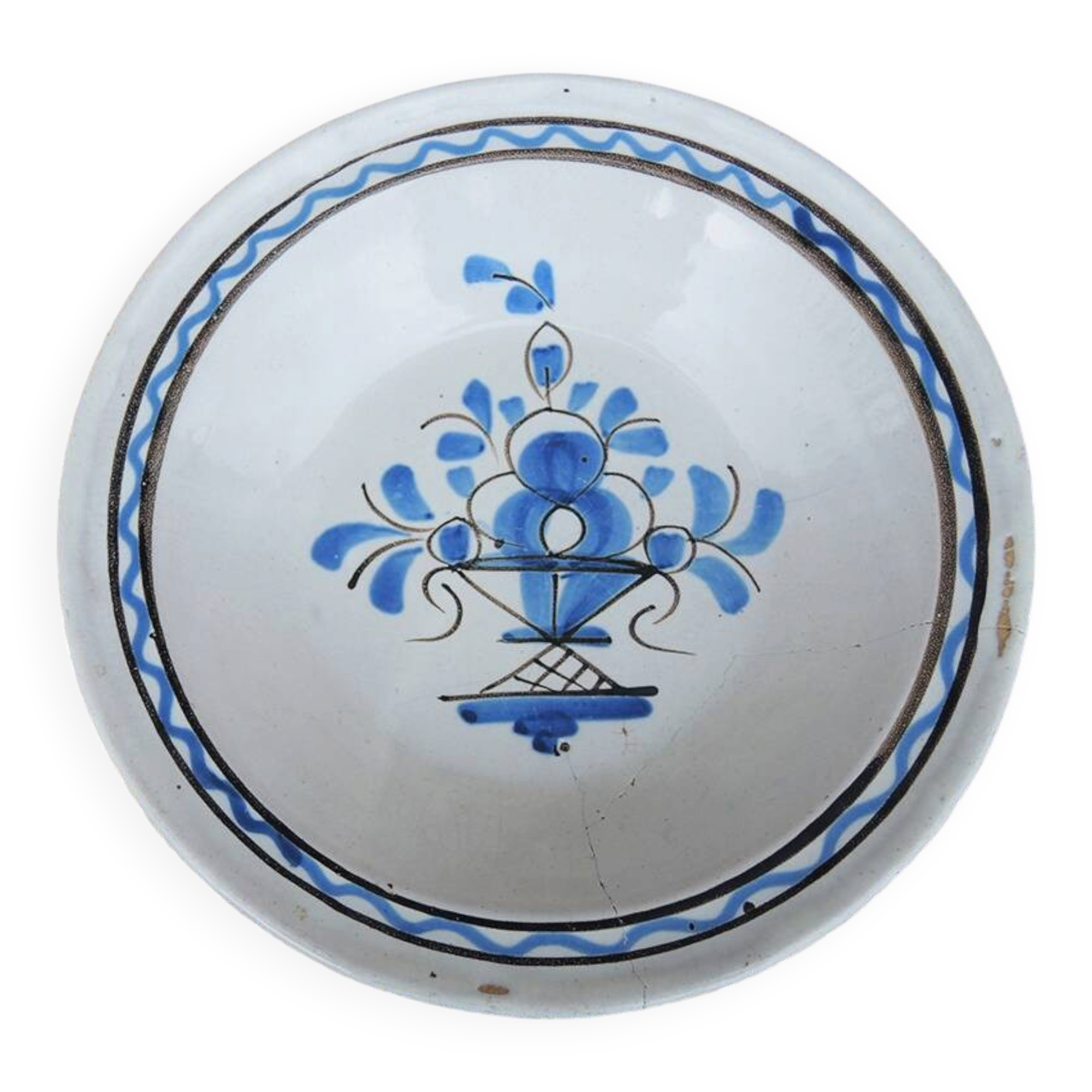 Old large round black ceramic dish