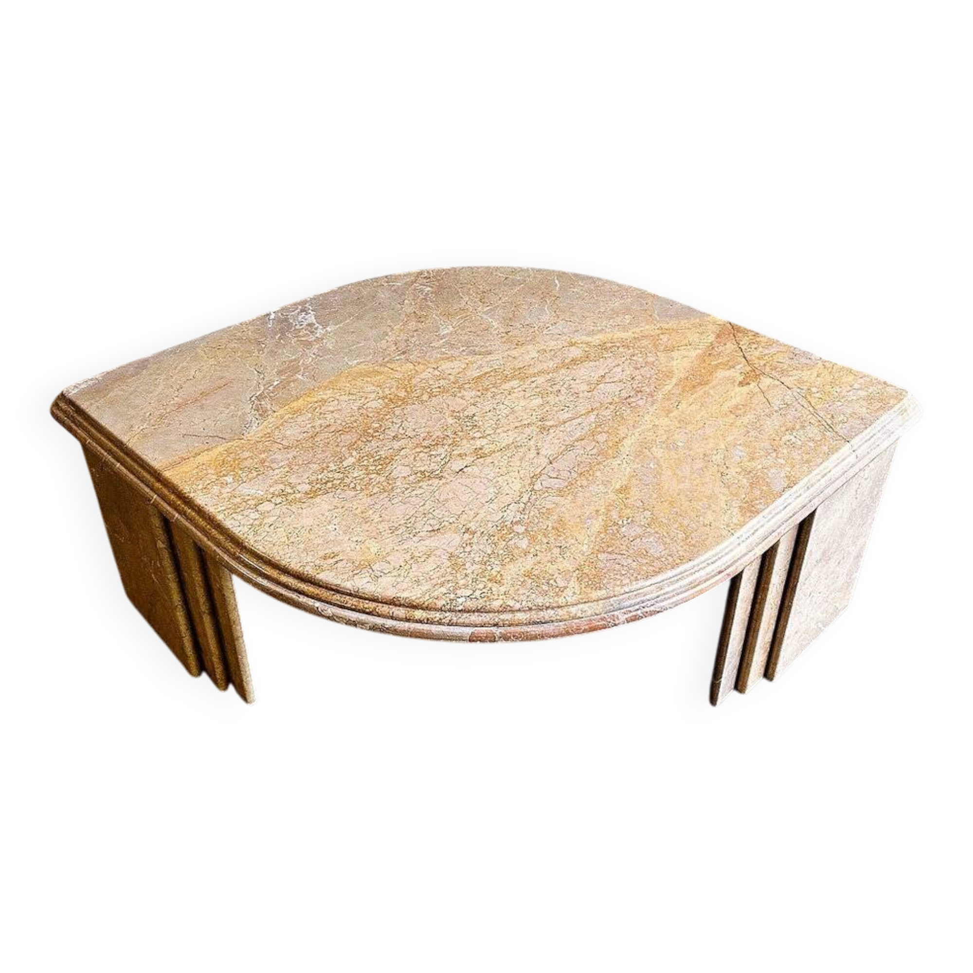 Vintage sandy coloured eye-shaped marble coffee table, France 1980s