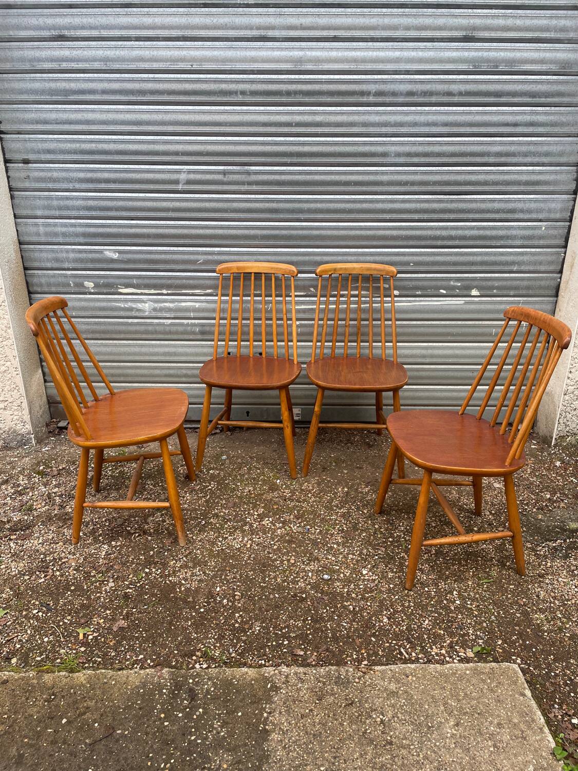 Set of 4 vintage beech chairs with teak seat