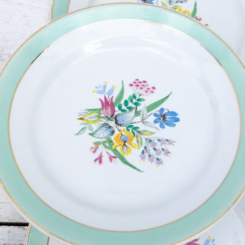 6 dessert plates Badonviller flower pattern and green and golden headband