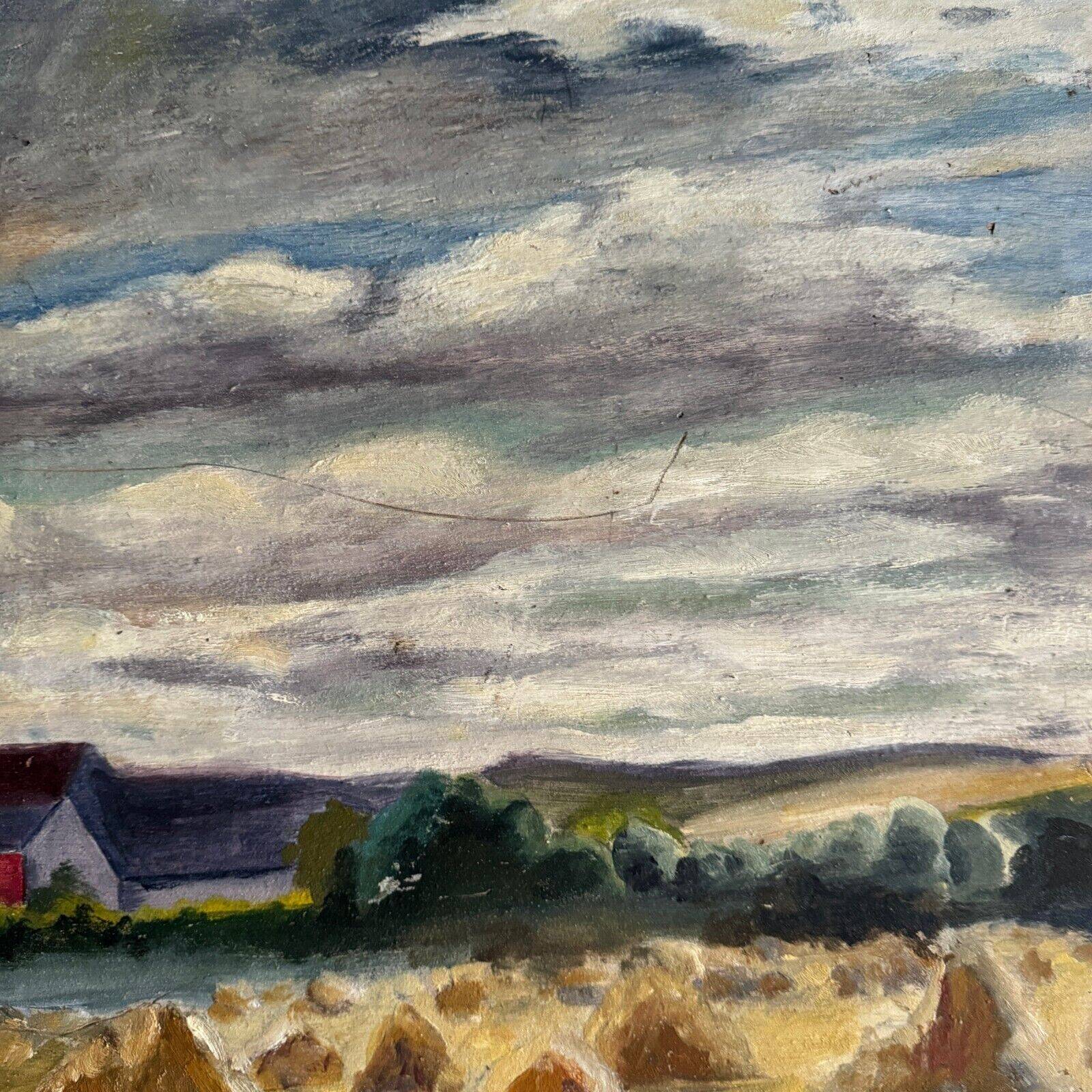 Oil on panel haystacks 20th century whitewashed frame