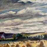 Oil on panel haystacks 20th century whitewashed frame