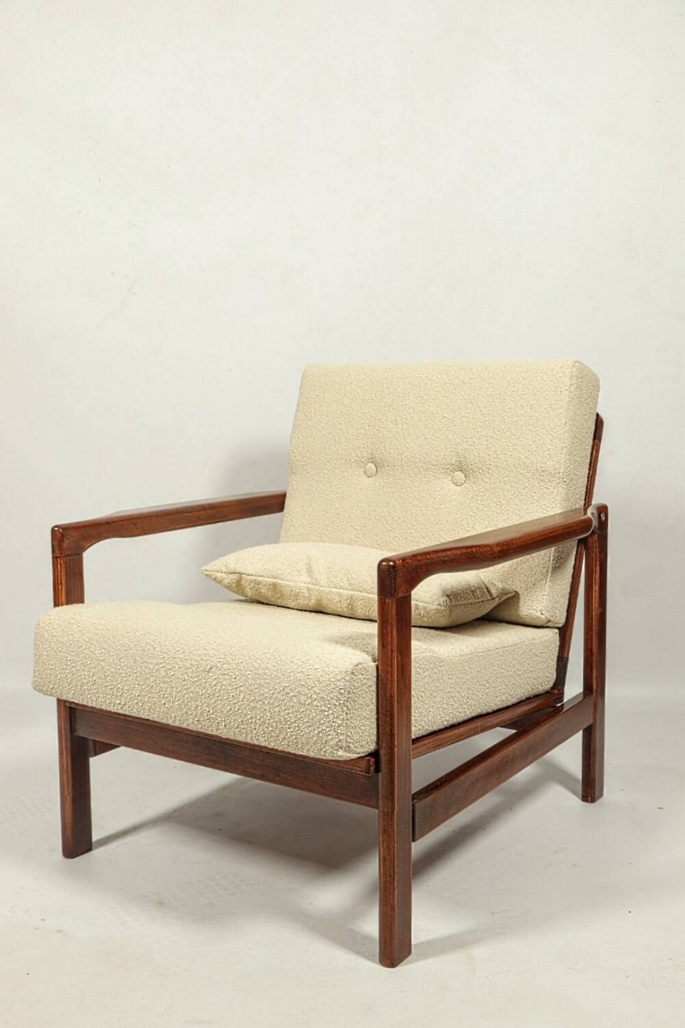 Vintage dark wood beige bouclé armchair by Z.Baczyk 1965