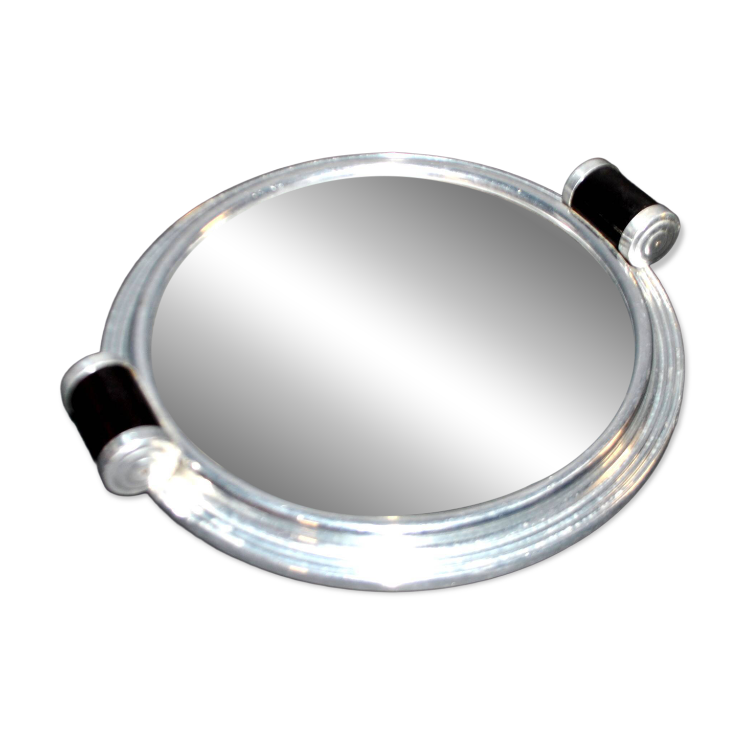 Plateau miroir art déco en métal chromé et bois 1930