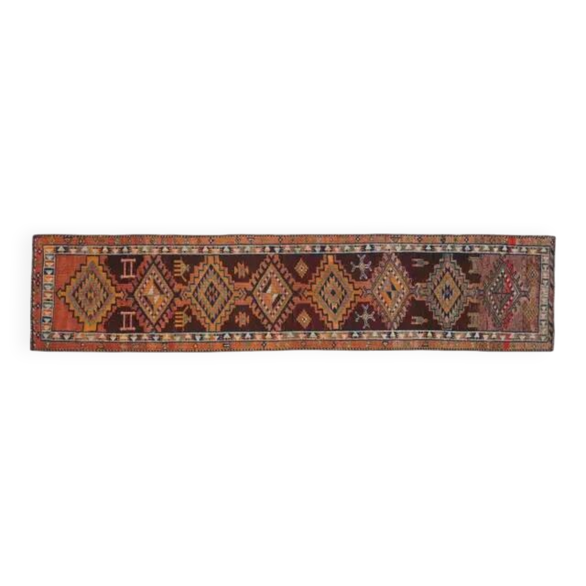 1970s Vintage Turkish Handmade Wool & Cotton Orange Runner Rug 80x356