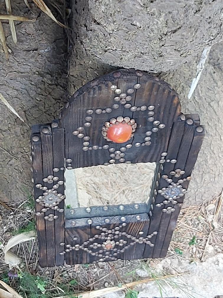 Ancient brutalist oriental wooden mirror 23x53cm