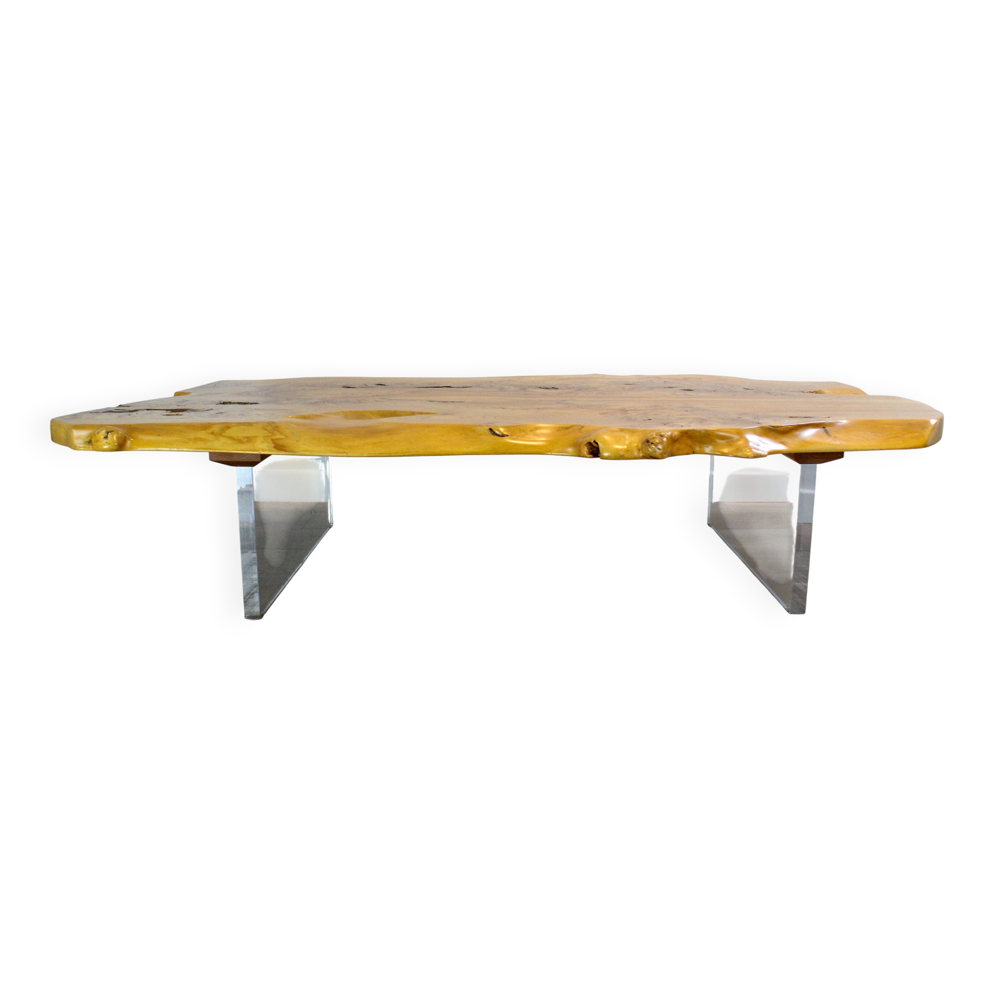 'Floating' mid-century Italian burr elm coffee table on Lucite blocks