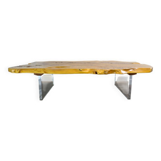 'Floating' mid-century Italian burr elm coffee table on Lucite blocks