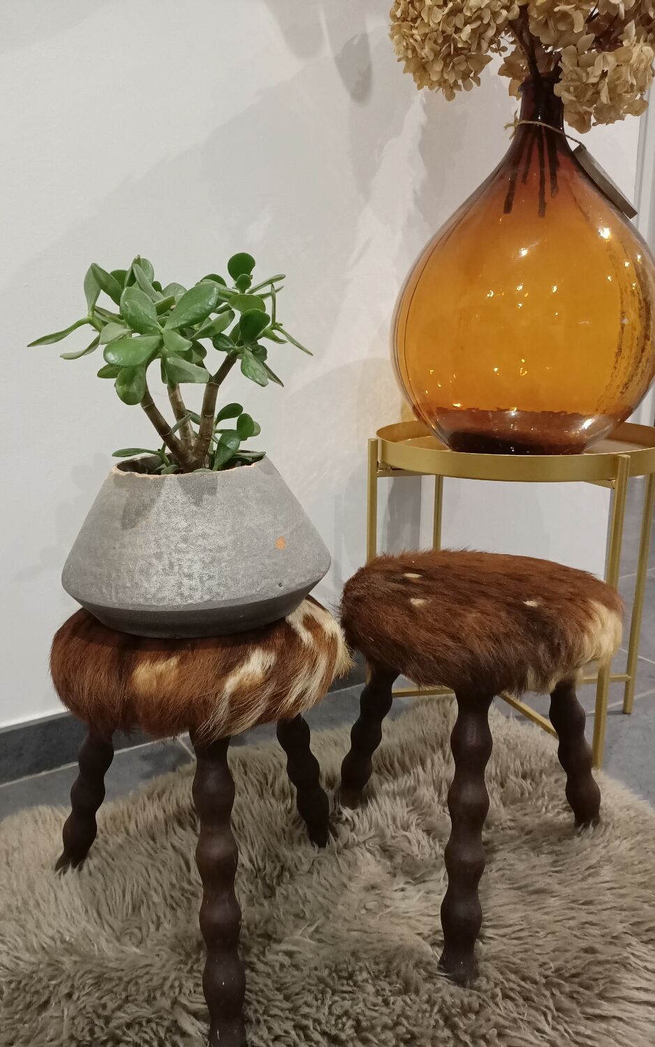 Duo of cowhide stools