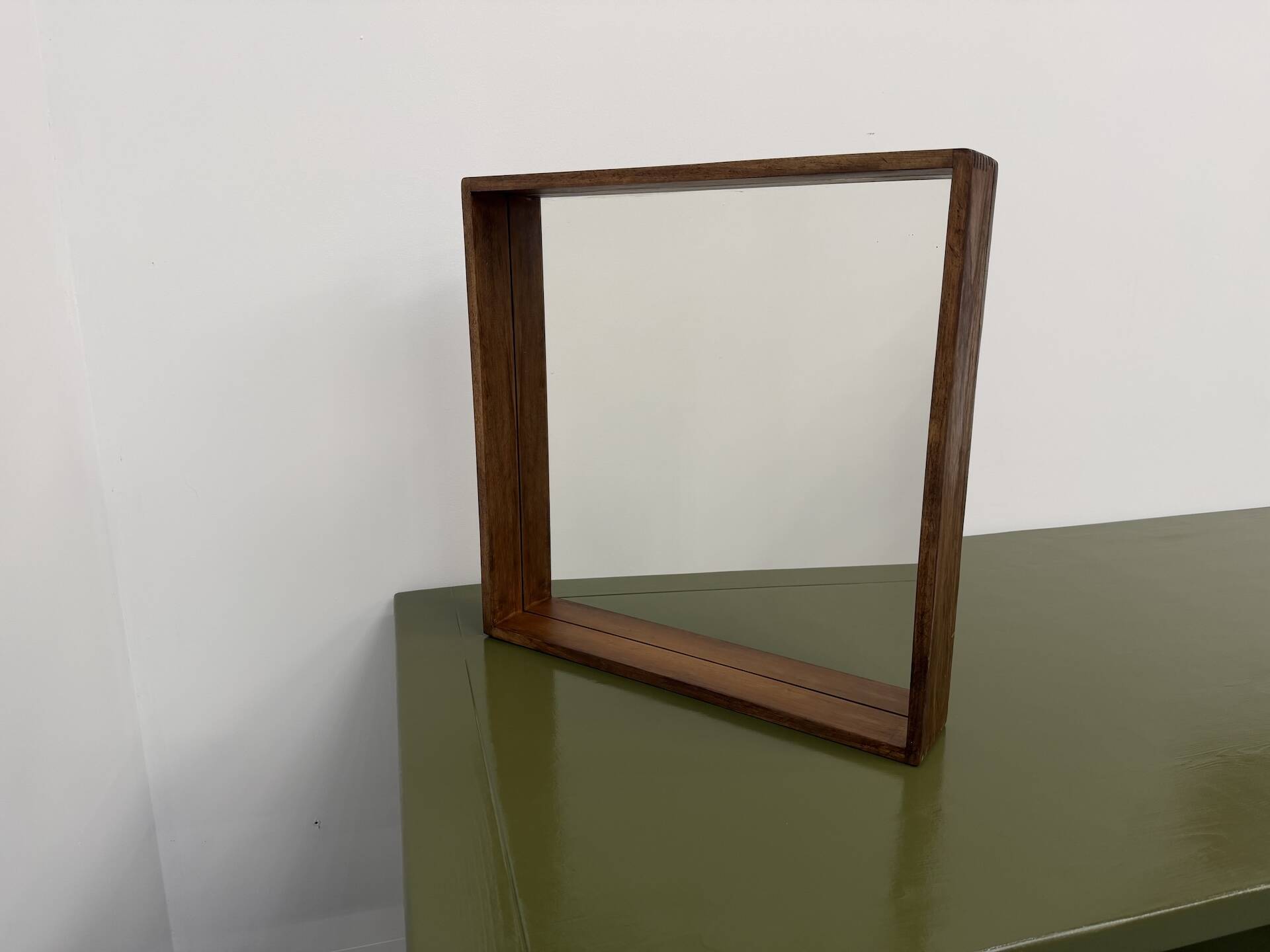 Square modernist wooden mirror — Scandinavian style, 1970s