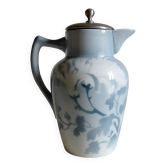 Infuser pitcher/teapot Keller and Guérin earthenware from Luneville chrysanthemums
