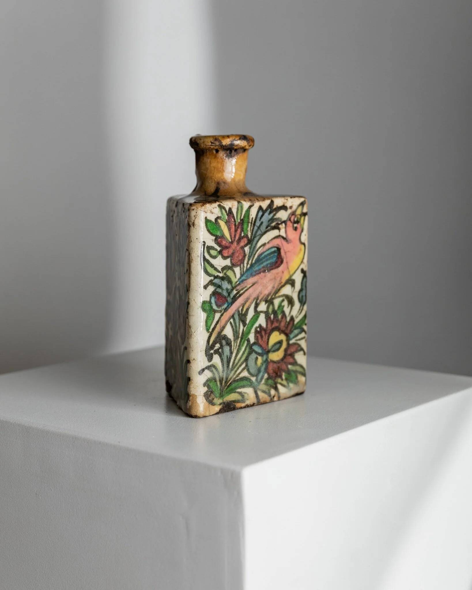 Multicolored Terracotta Bottle from Qajar Dynasty Iran, 19th Century – Hand-Painted, Unique Decorative Piece