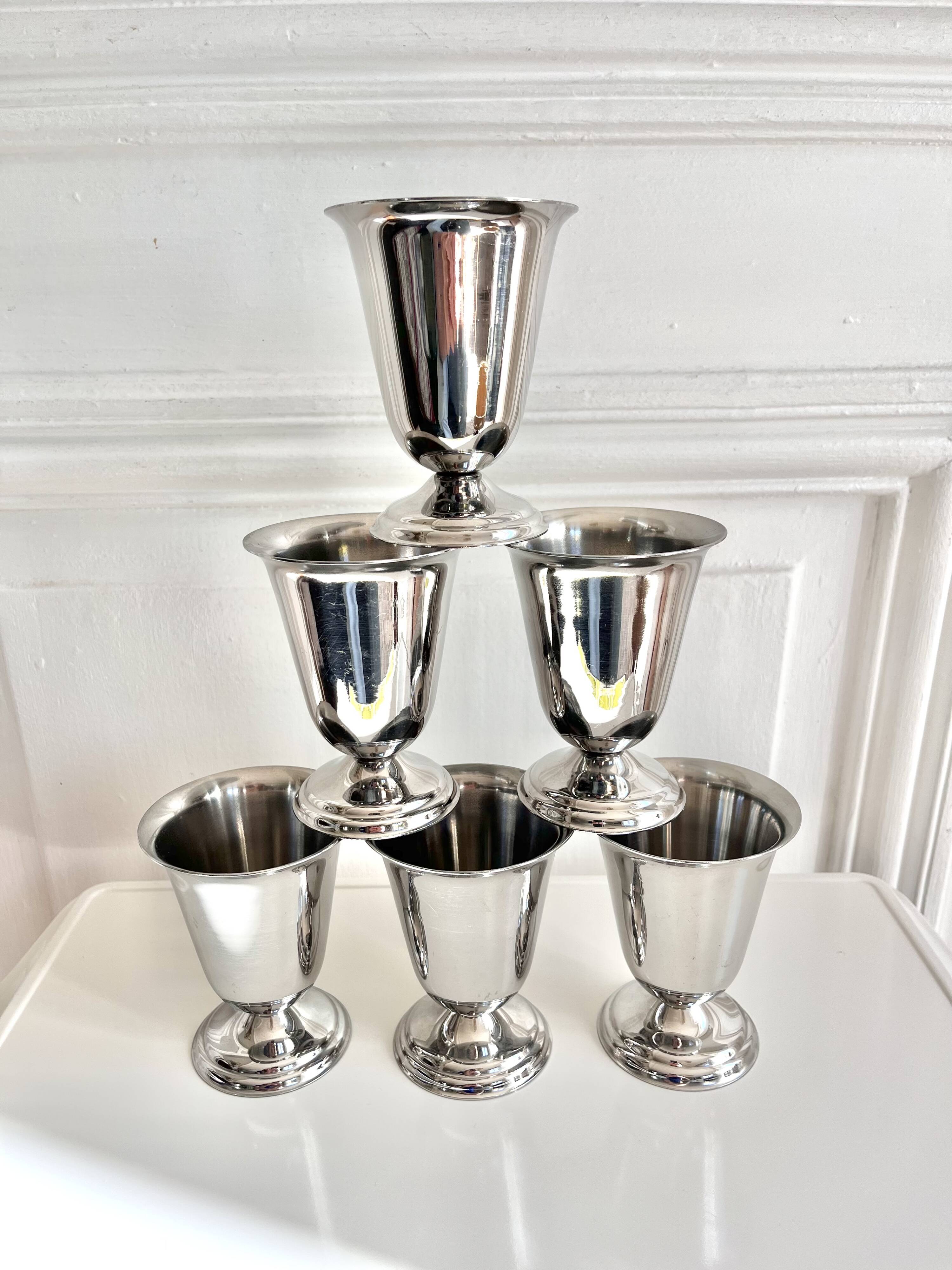 6 vintage stainless steel ice cream cups in the shape of a tumbler.