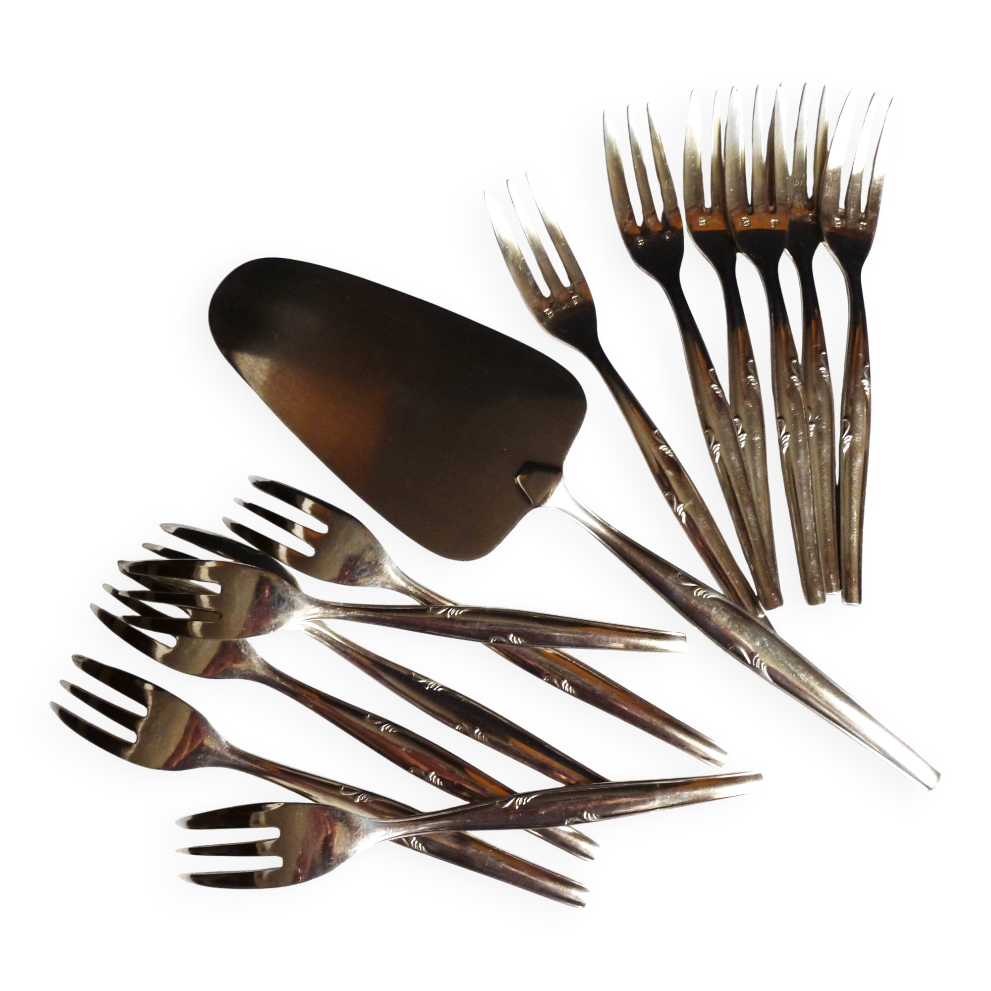 Silver-plated cake service / 12 forks and silver cake server
