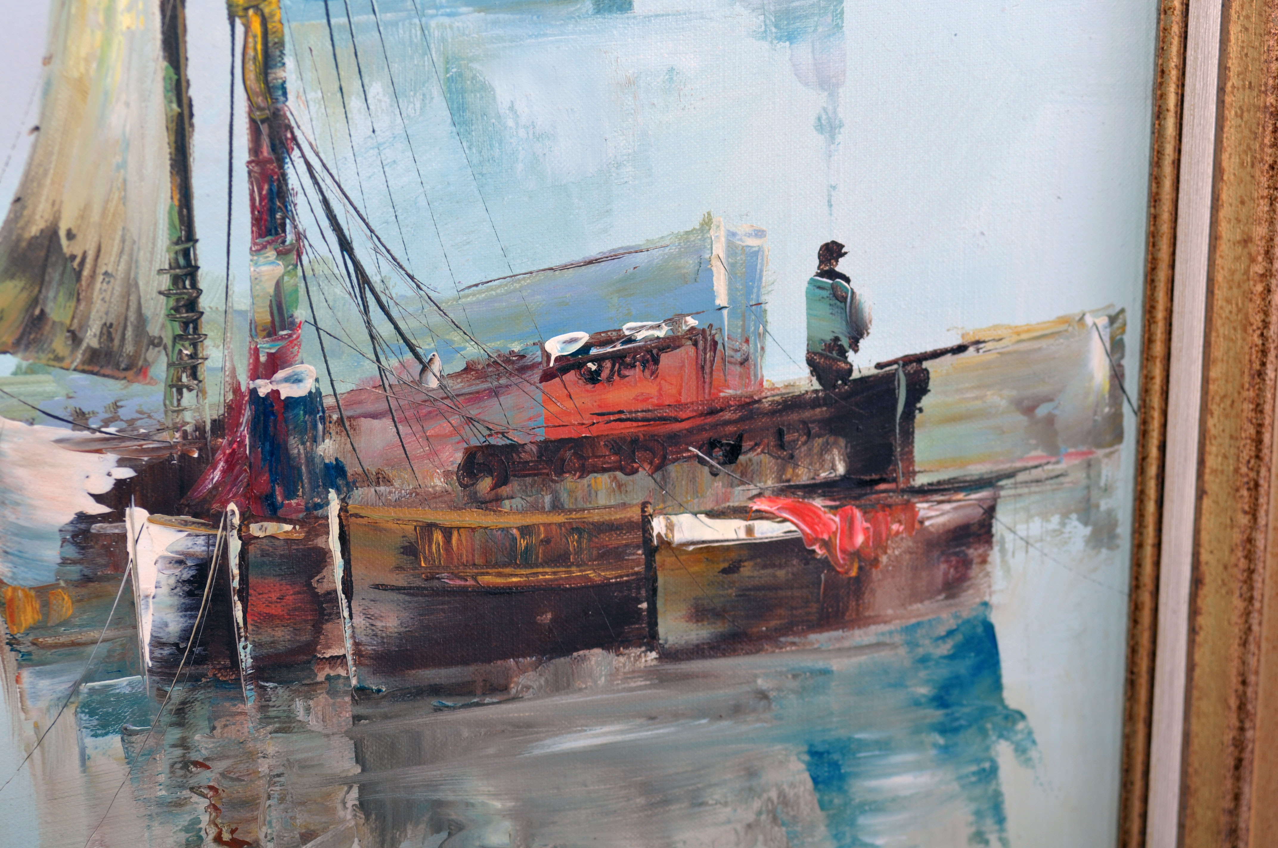 Marine painting, fishing boat in port