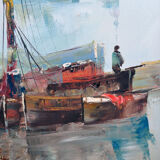 Marine painting, fishing boat in port