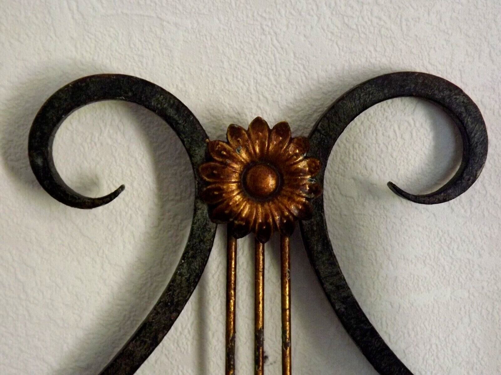 Pair of old antique French double lyre shape green wrought iron wall sconces