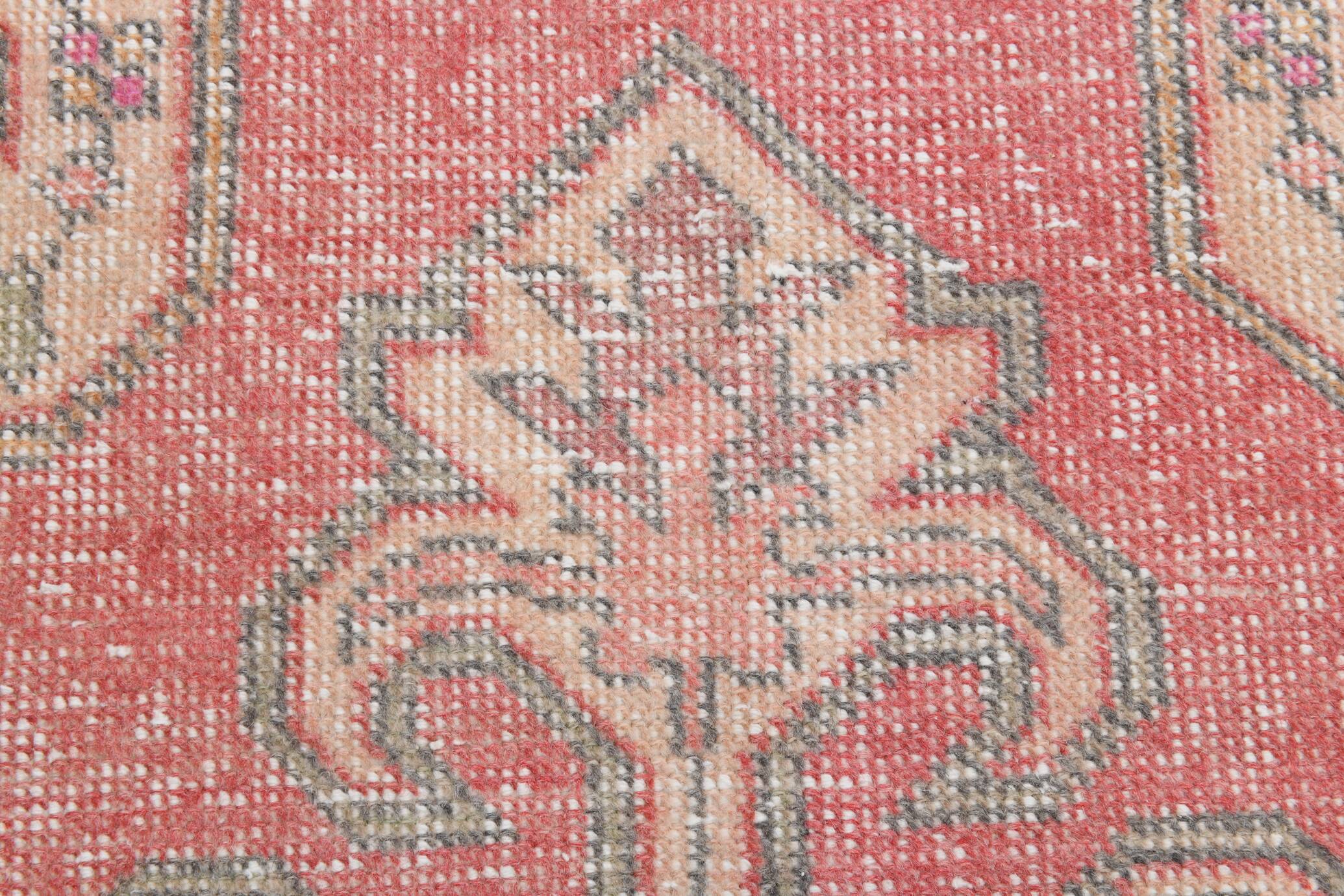 4x7 Vintage Small Size Area Faded Coral Red Turkish Vintage Rug, 127x223 Cm