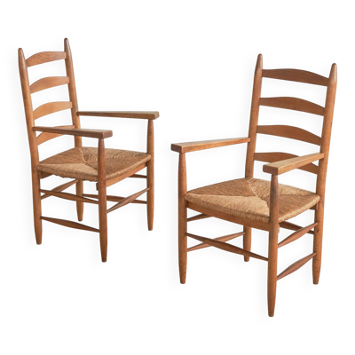Ensemble de 2 fauteuils en chêne et osier, milieu du XXe siècle