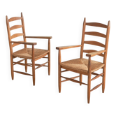 Ensemble de 2 fauteuils en chêne et osier, milieu du XXe siècle