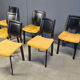 Vintage black leather and yellow fabric dining chairs, set of 6, 1980s