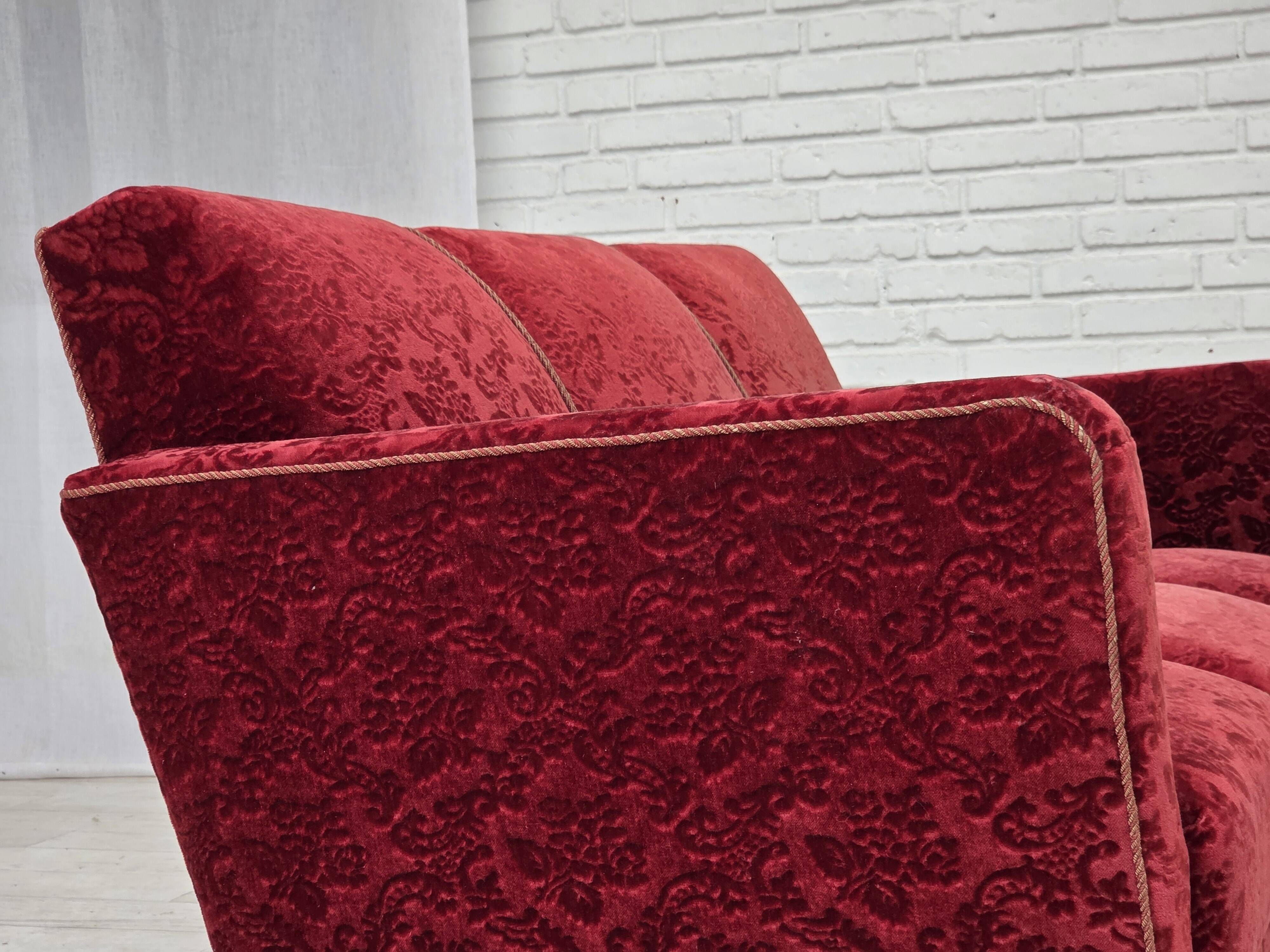 1950s, Danish 3-seater sofa, furniture velour, oak wood.