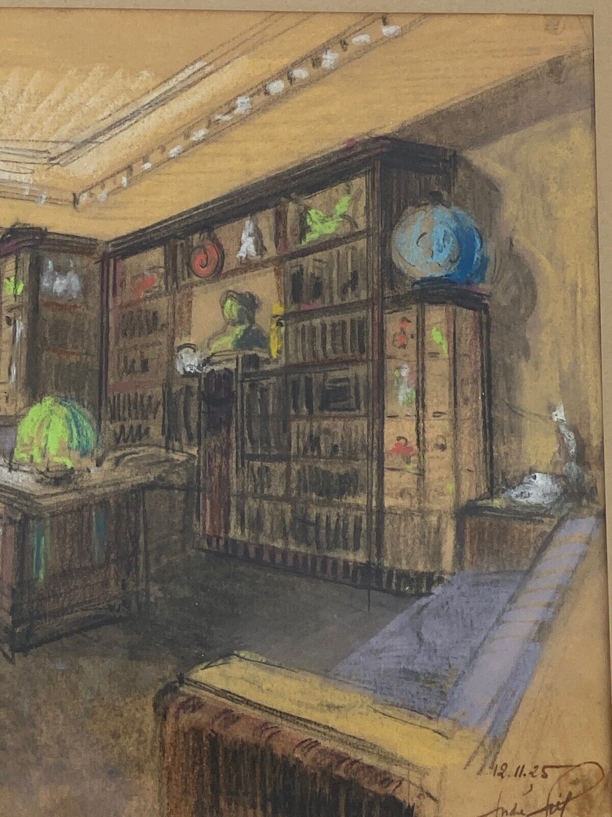 Watercolor sign andre brif or prif interior drawing library 1925
