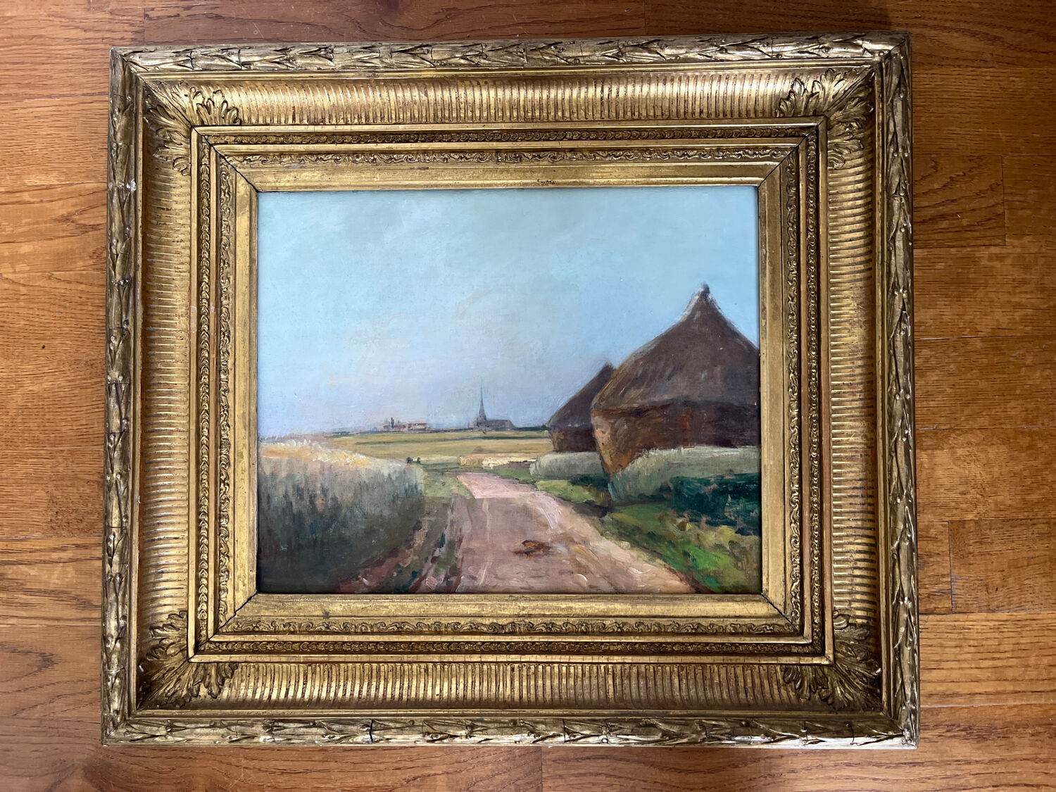 Painting: Oil on panel - landscape with haystacks