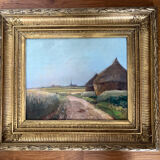 Painting: Oil on panel - landscape with haystacks