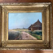 Painting: Oil on panel - landscape with haystacks