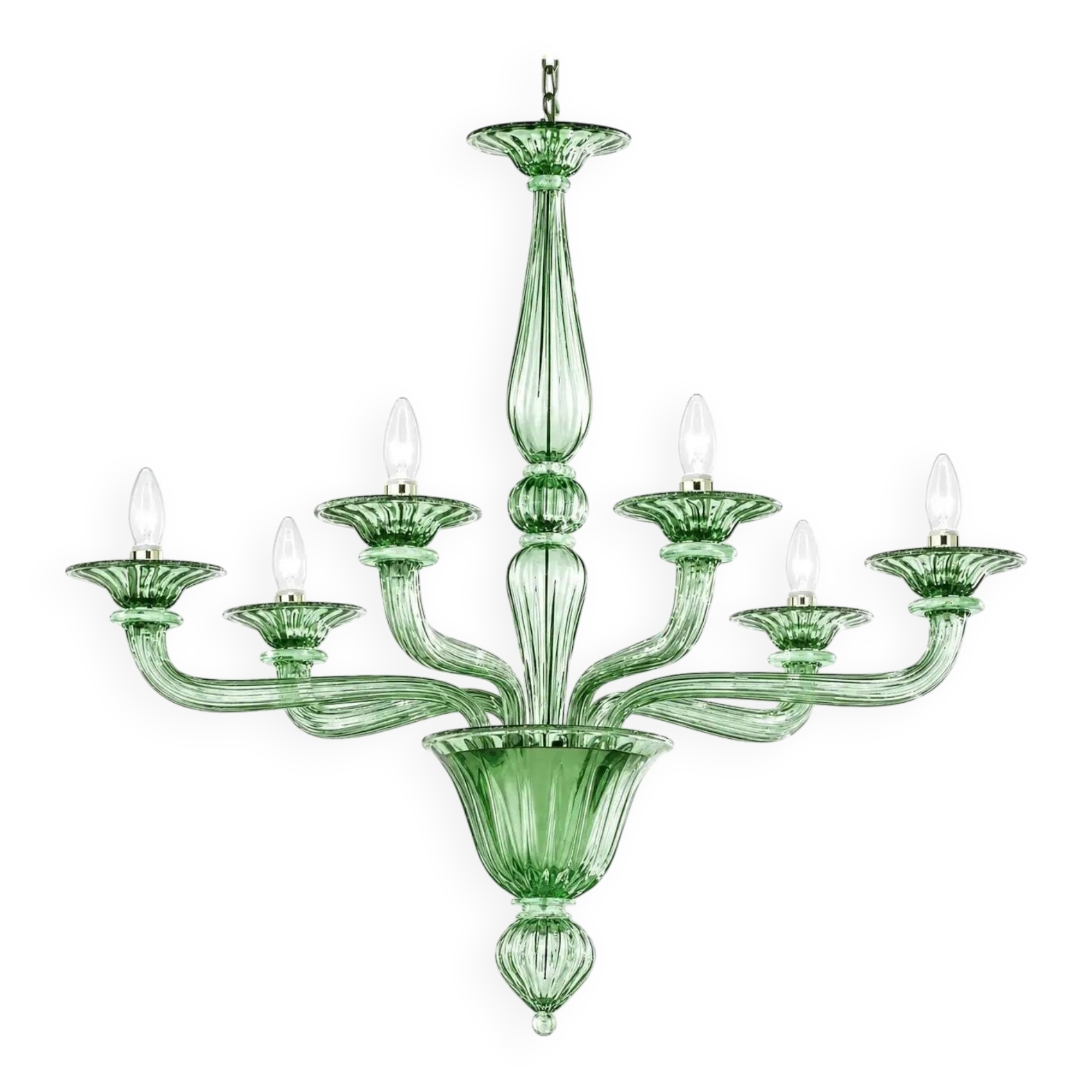 Sculptural Linear “Rigadin” Green Murano Glass Chandelier