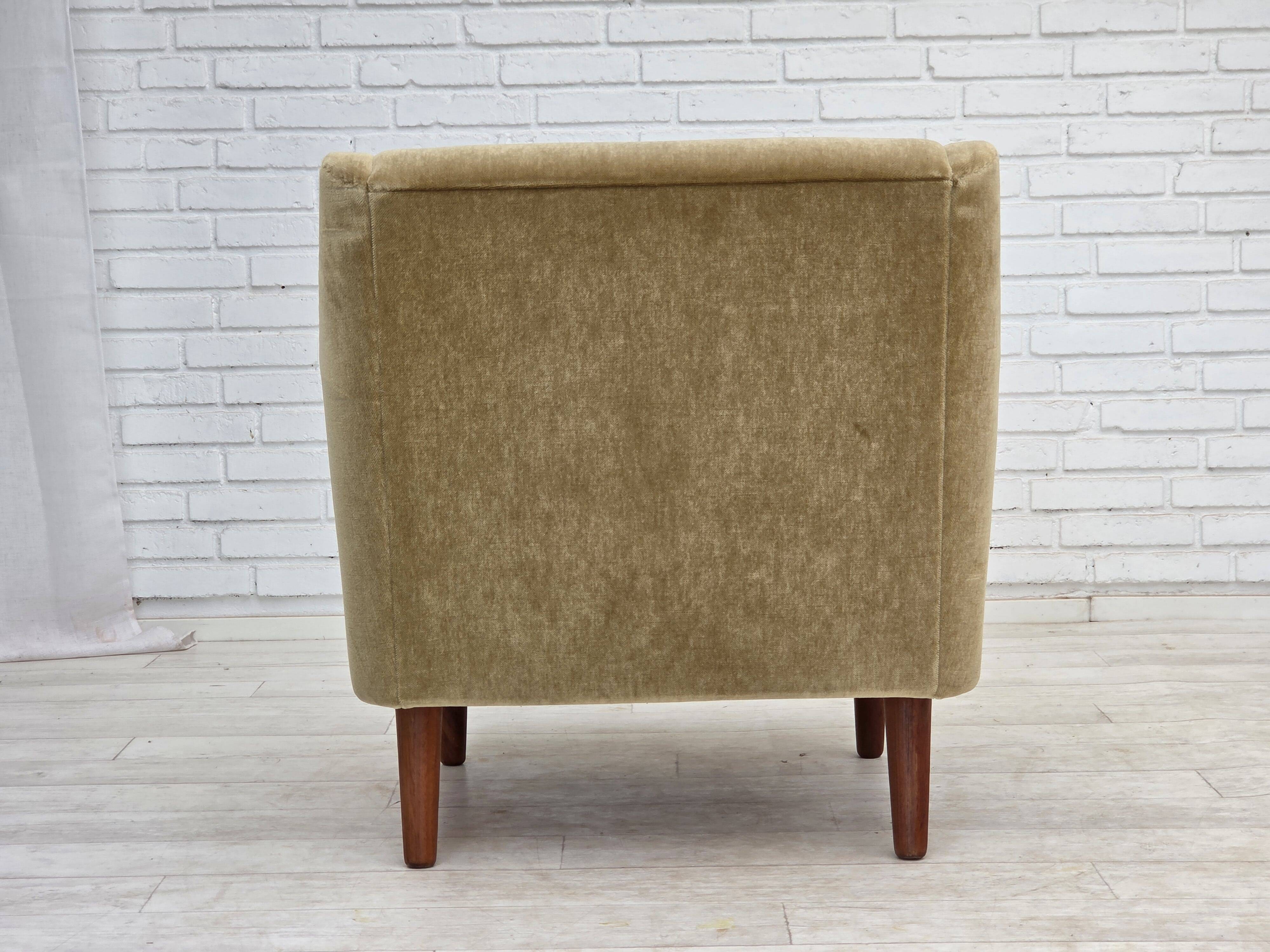 1970s, Danish armchair, original green furniture velour, teak wood legs.