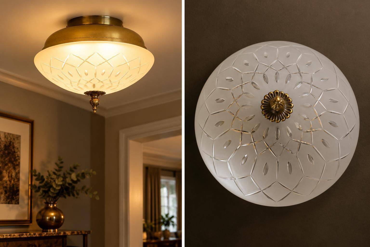 Vintage Art Deco Style Flush Mount Ceiling Light – Cut Glass & Brass.