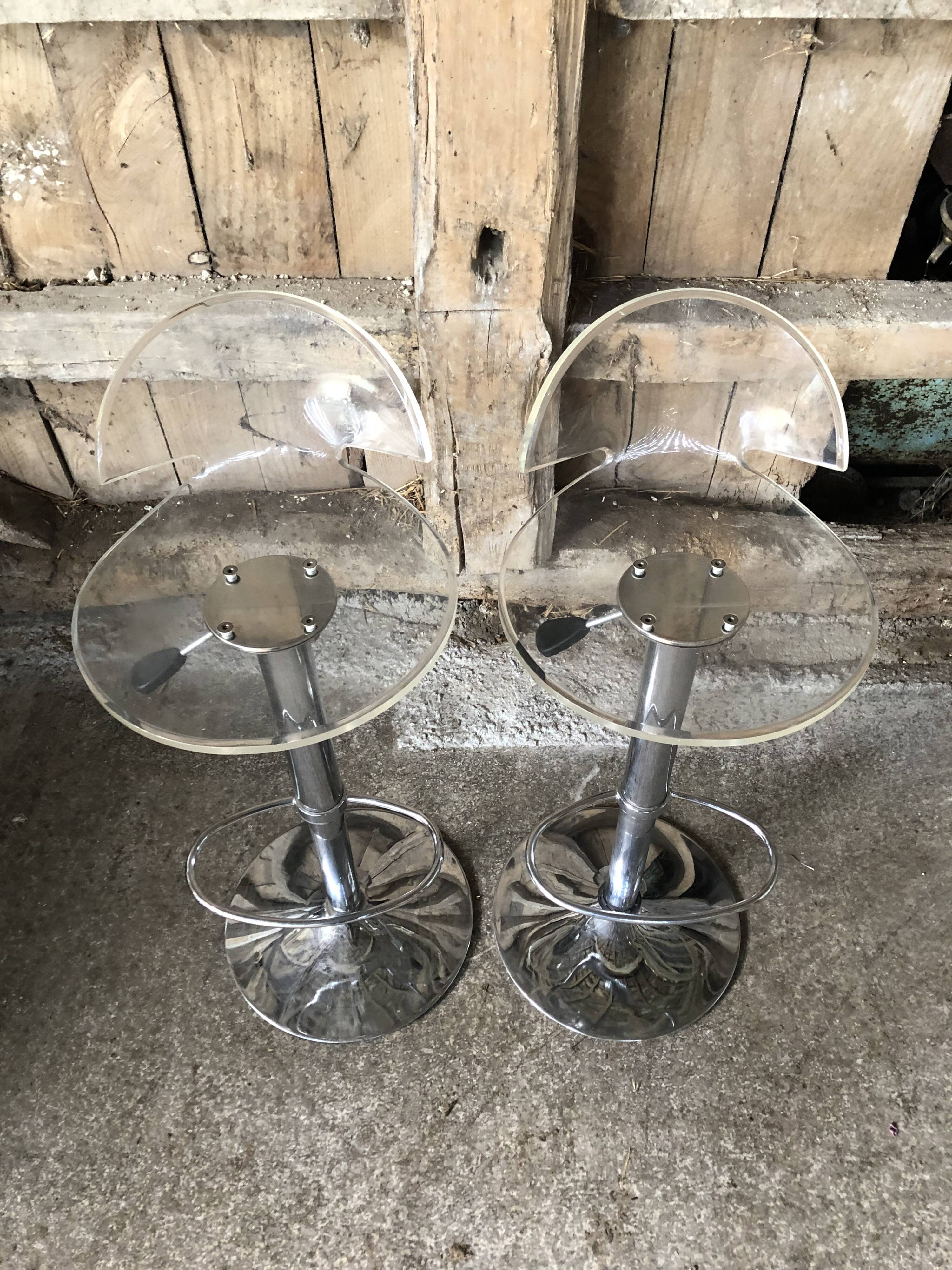 Pair Stool Foot Bar Tulip Metal Chrome + Seat Plexi Transparent Vintage