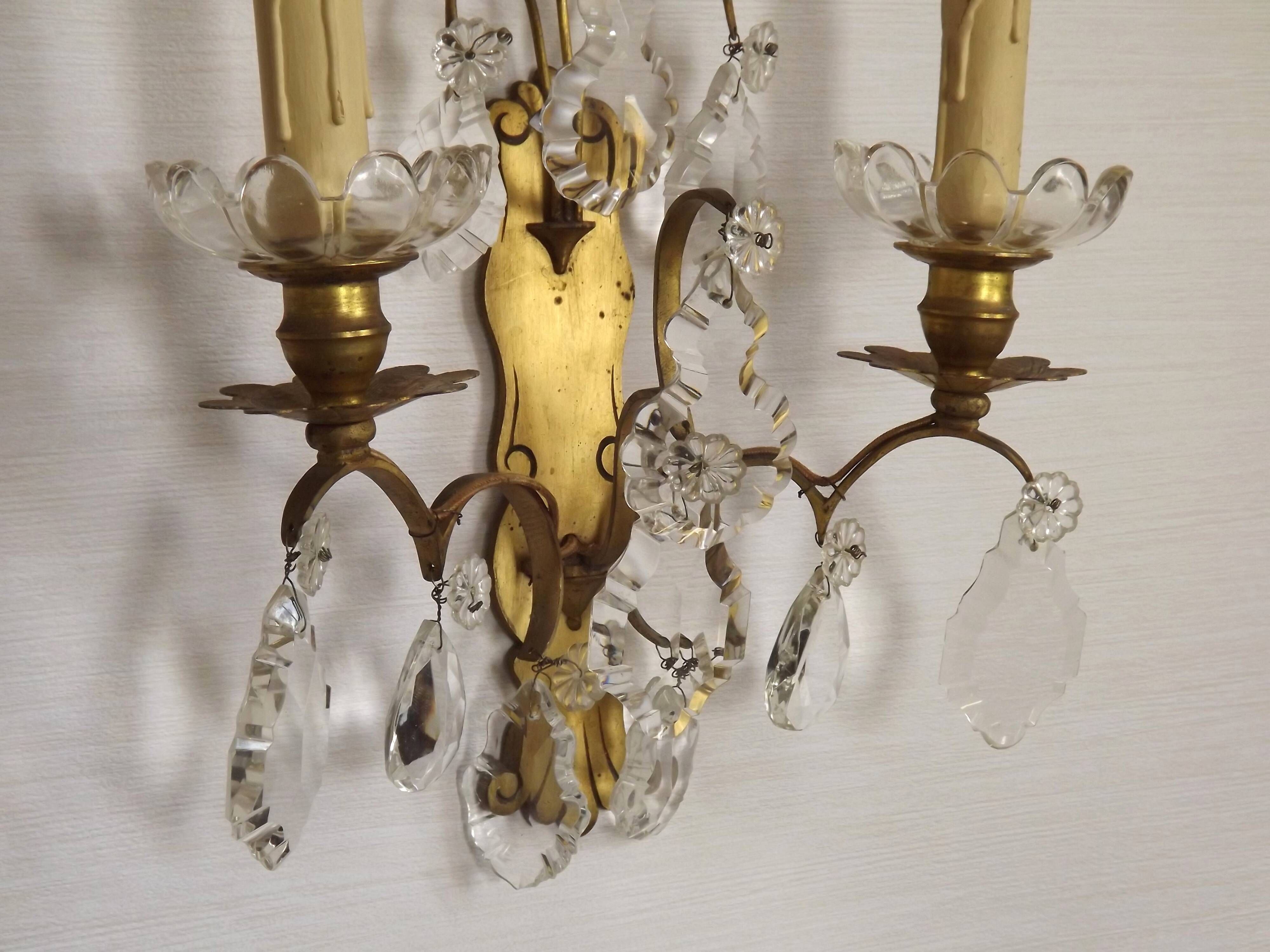 Pair of French Double Brass & Glass Wall Lights Adorned With Crystals