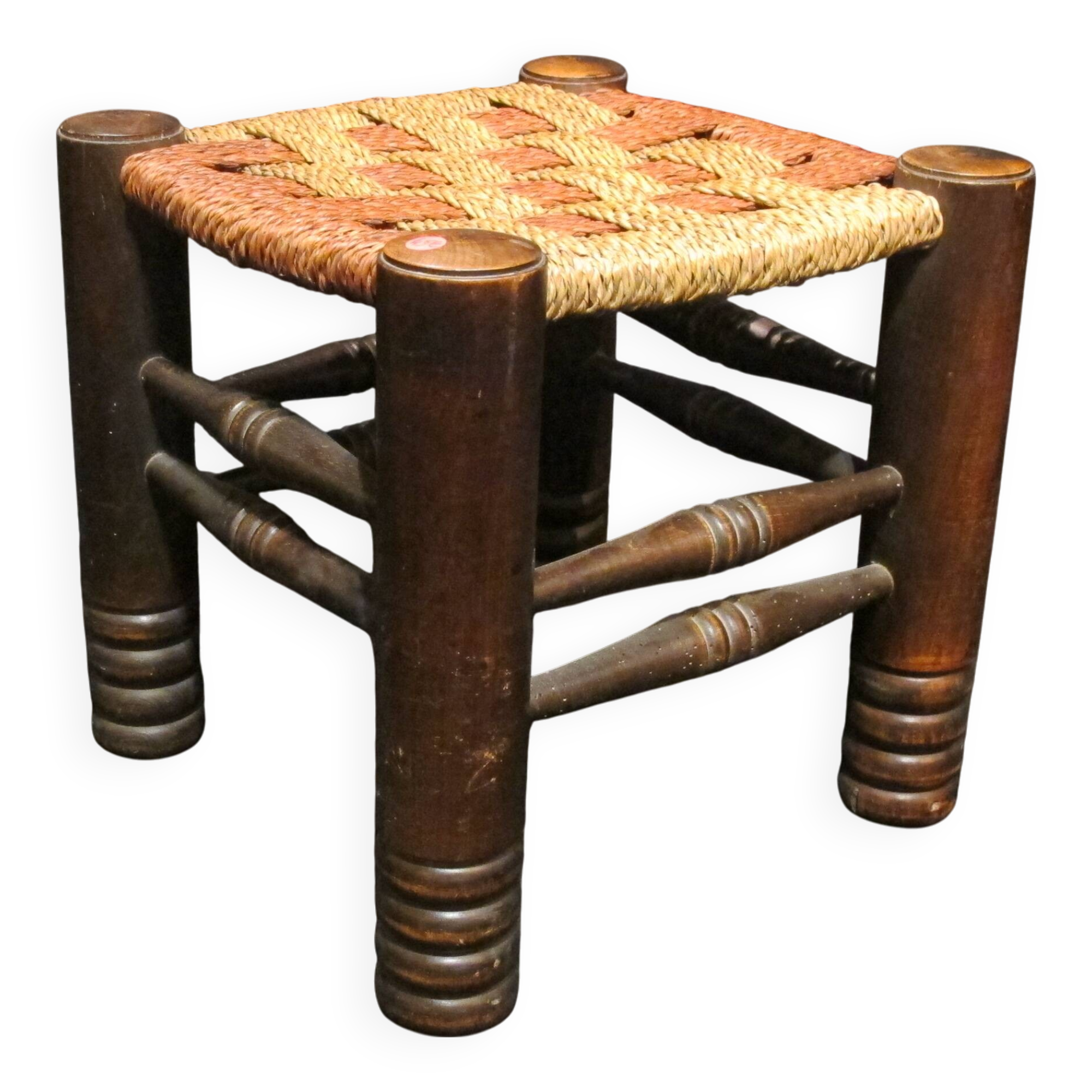 Charles Dudouyt style stool, 1940s, stained beech and rope,
