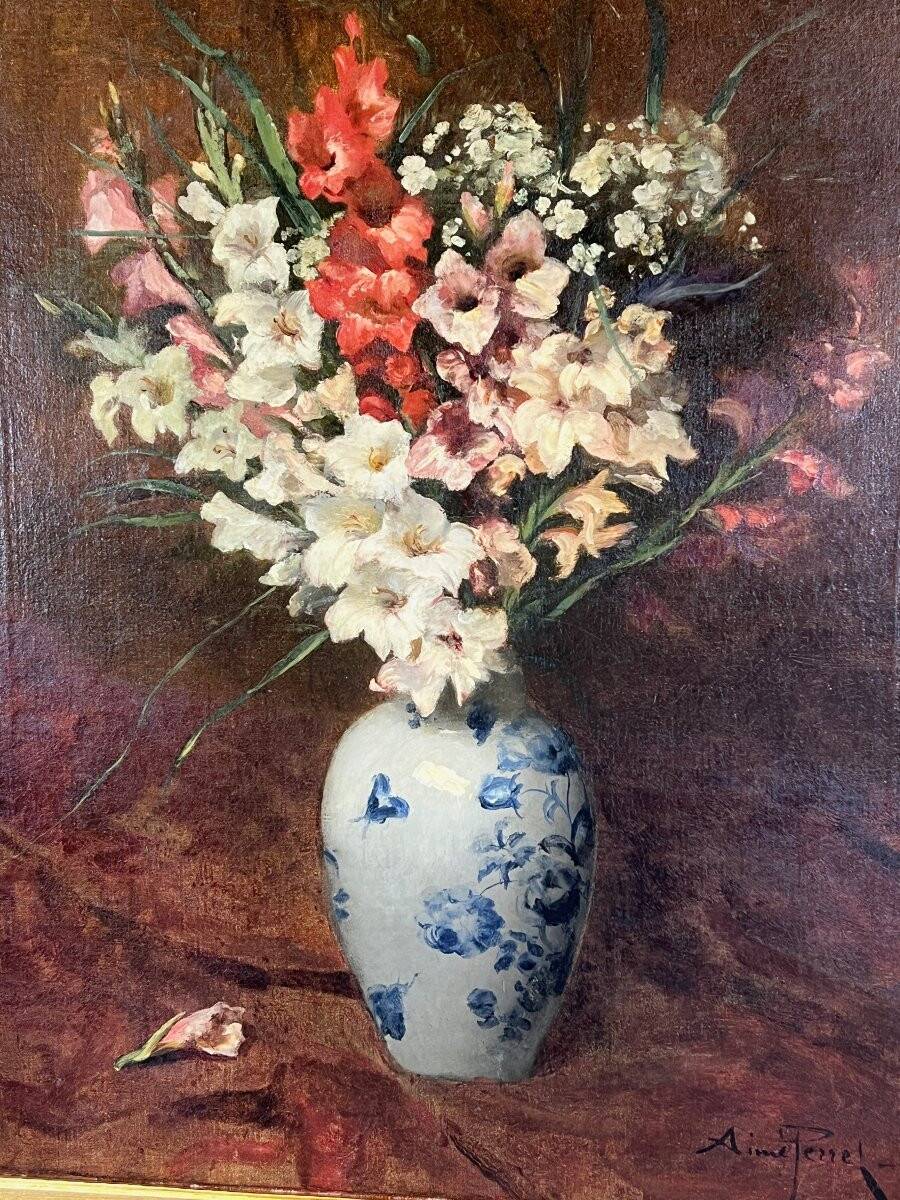 Oil on canvas painting Still life with flowers, Aimé Perret (1846-1927)