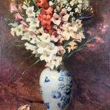 Oil on canvas painting Still life with flowers, Aimé Perret (1846-1927)